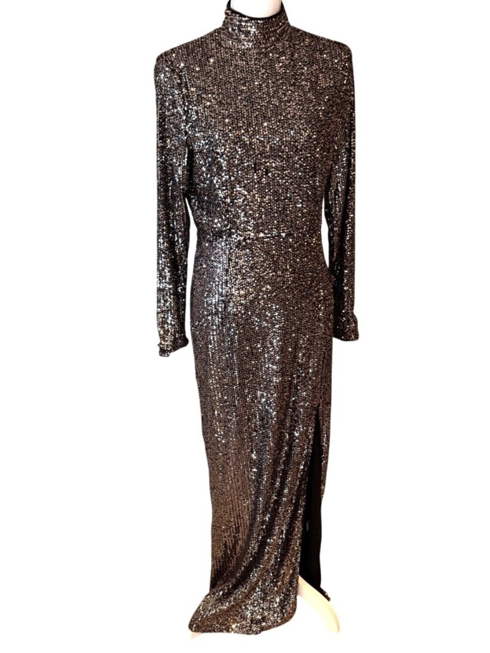 Gabrielle Union Sequin Mock Neck Maxi Dress Black Gold Front Slit Size Medium